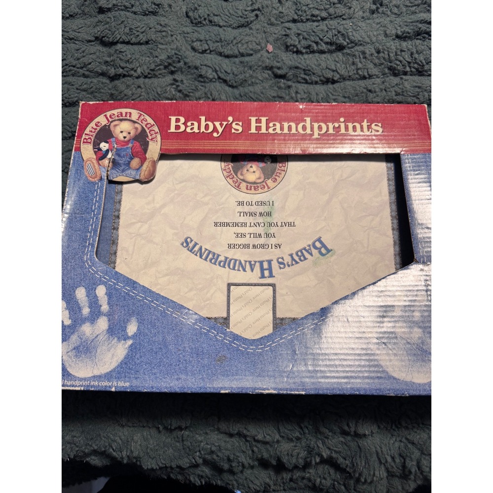 Blue Jean Teddy Babys Handprints Kit Vintage Nursery Keepsake Blue Paint Frame
